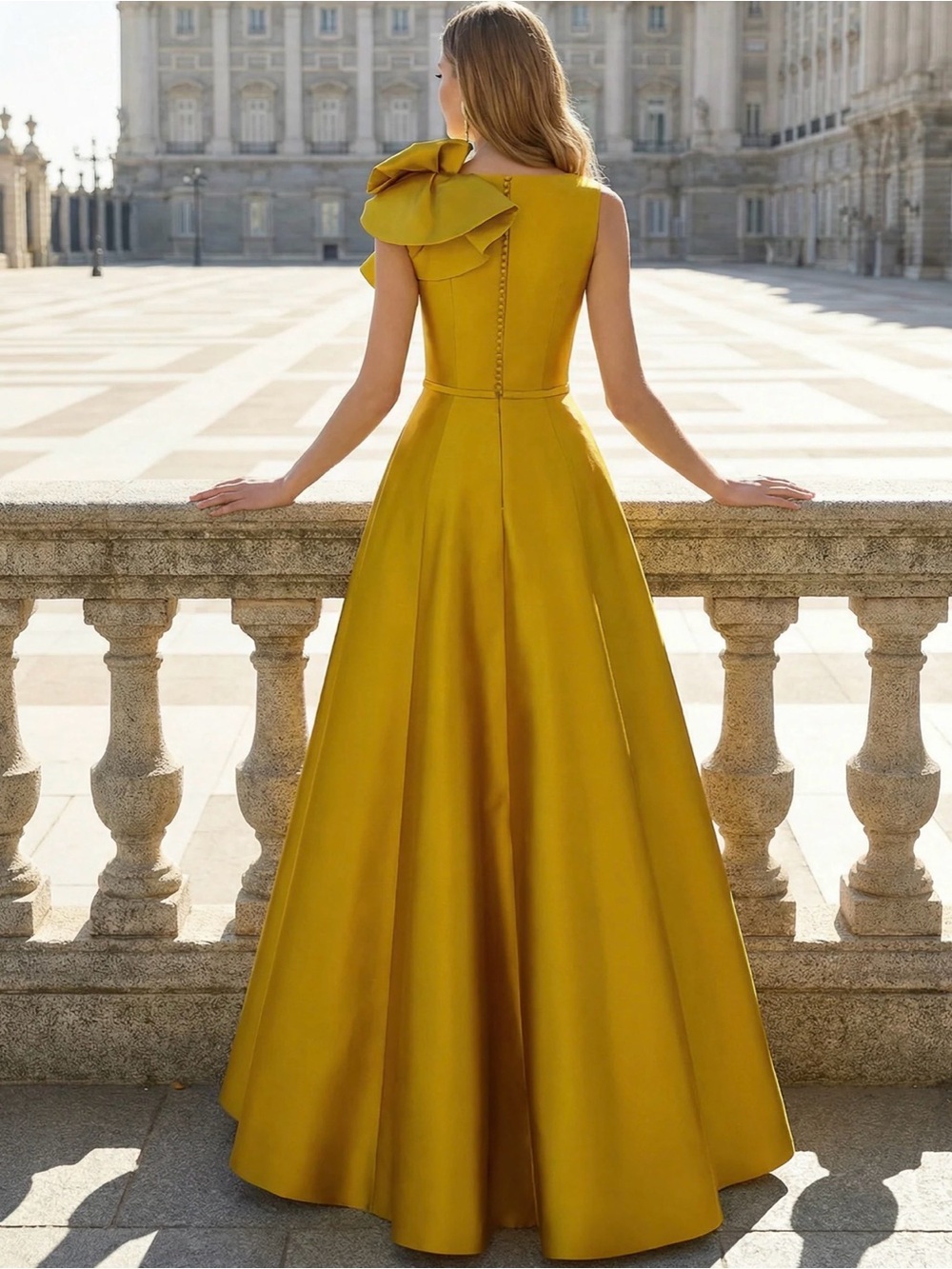 Elegant One-Shoulder Mustard Evening Gown with Ruffle Detail - Picture 2 of 2